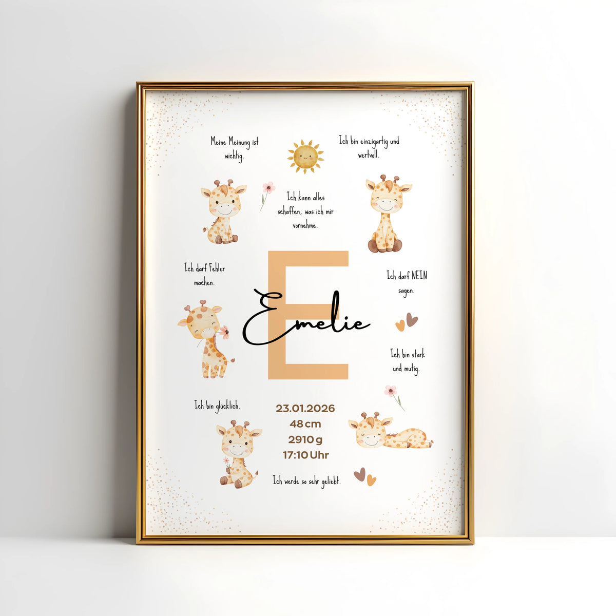 Personalisiertes Affirmationsposter mit Giraffen, mit dem Namen Emelie und niedlichen Giraffen-Illustrationen.