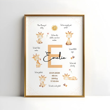 Personalisiertes Affirmationsposter mit Giraffen, mit dem Namen Emelie und niedlichen Giraffen-Illustrationen.