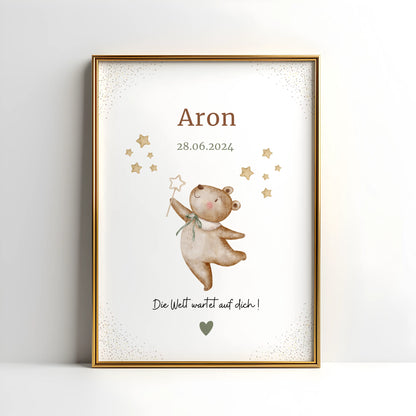 Personalisiertes Geburtsposter Bär – Baby Poster mit Name und Geburtsdatum - Kibimemories