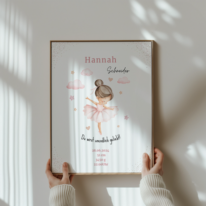 Emotionales personalisiertes Geburtsposter für Mädchen mit zarter Ballerina und persönlichen Geburtsdaten