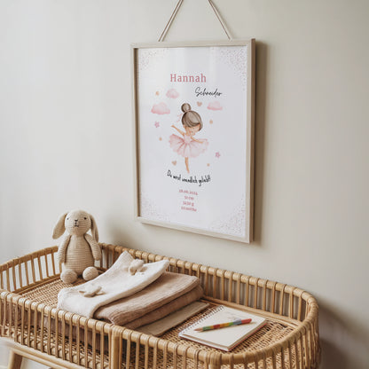 Liebevolles personalisiertes Geburtsposter Babyposter als Geschenkzur Geburt mit Ballett Motiv in Rosa und individueller Personalisierung