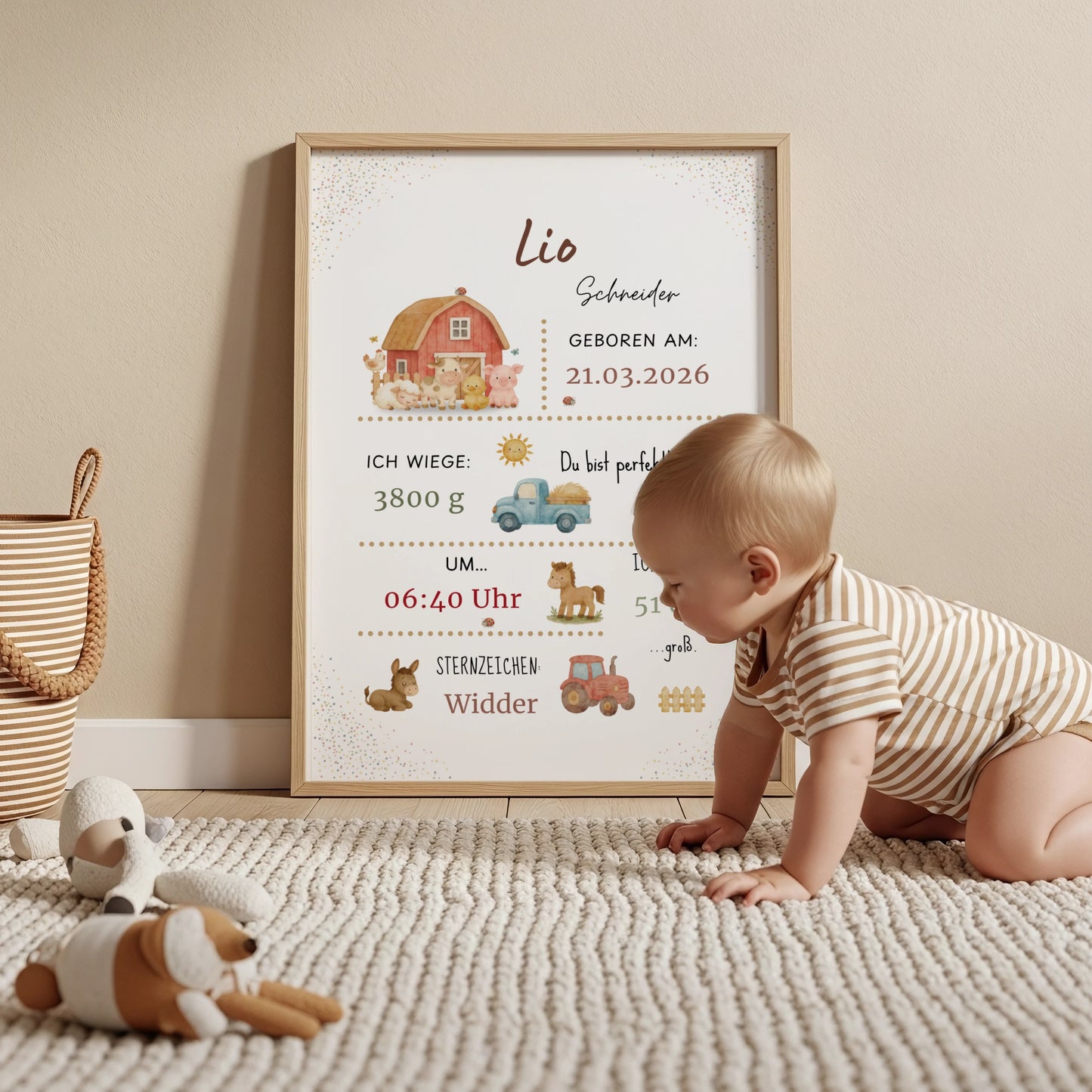 Personalisiertes Geburtsposter Bauernhof – Baby Poster mit Name & Geburtsdaten - Kibimemories
