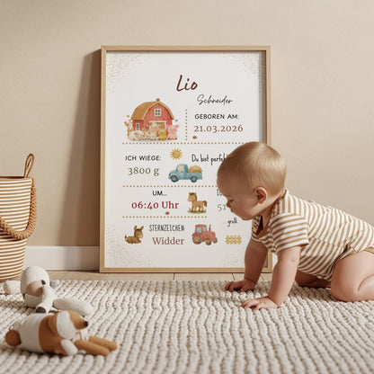Personalisiertes Geburtsposter Bauernhof – Baby Poster mit Name & Geburtsdaten - Kibimemories