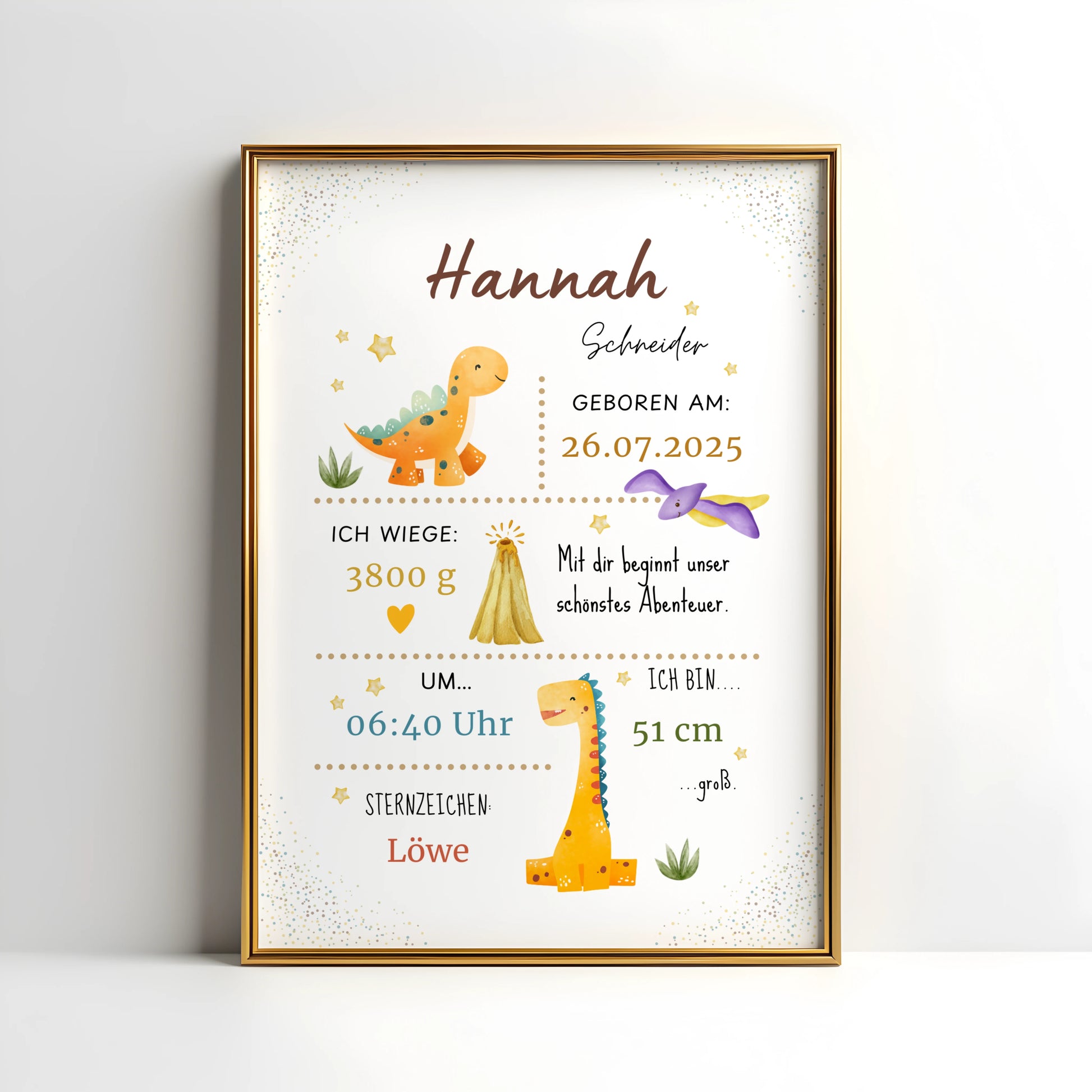 Liebevolles personalisiertes Geburtsposter mit Dinosaurier Motiv für das Babyzimmer