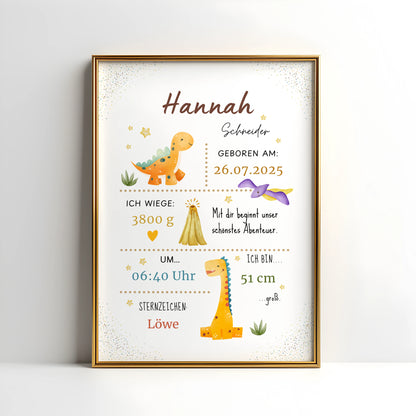 Liebevolles personalisiertes Geburtsposter mit Dinosaurier Motiv für das Babyzimmer