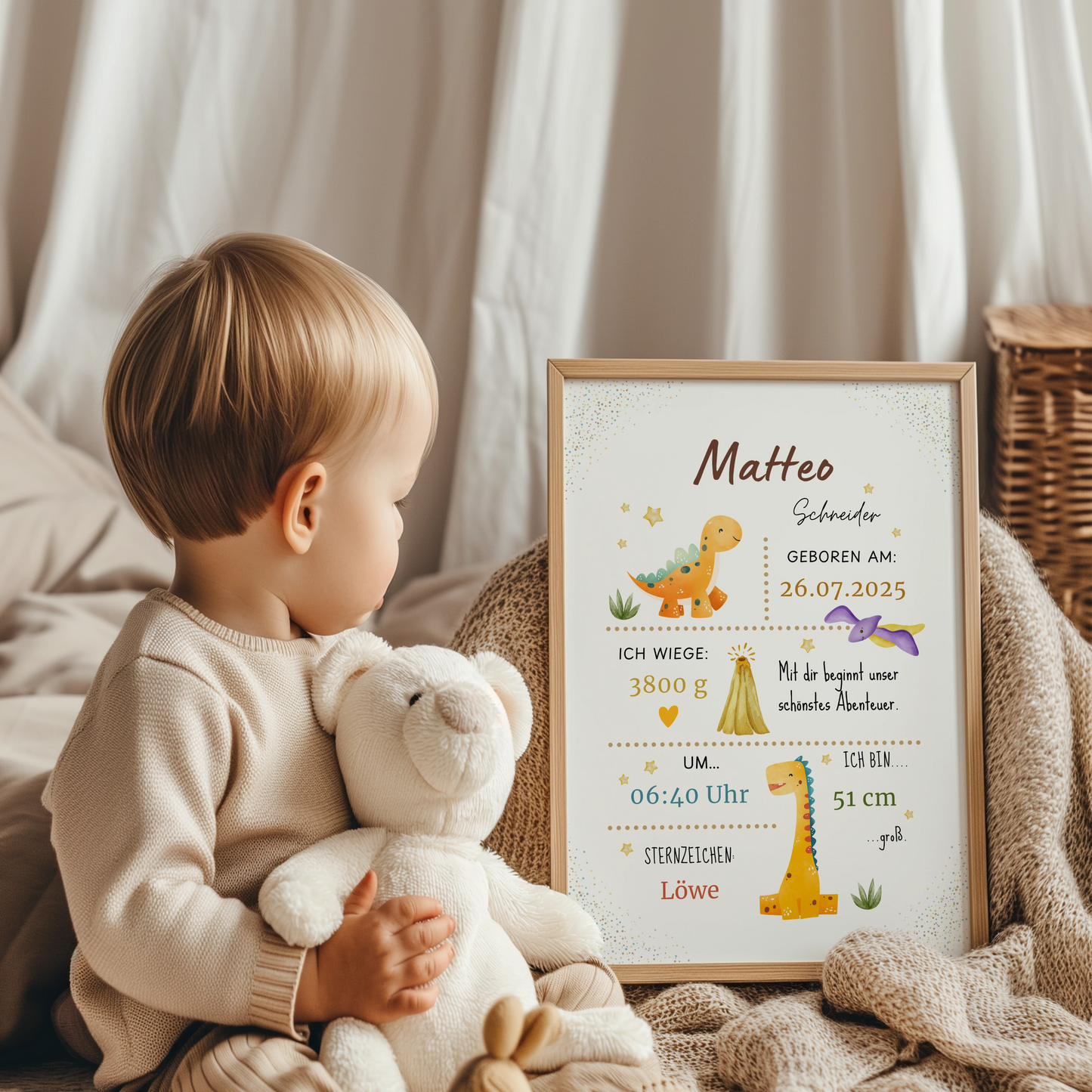 Personalisiertes Geburtsposter mit Dinosauriern und allen wichtigen Geburtsdaten