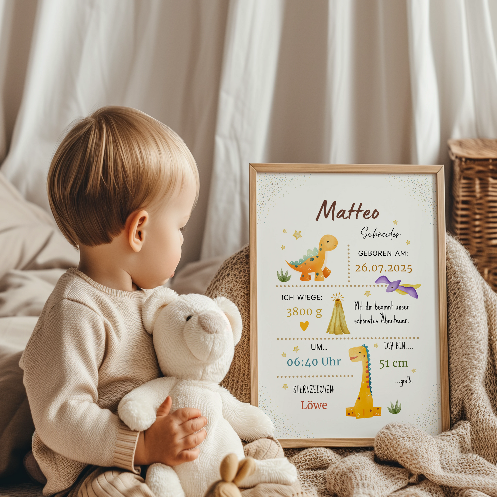 Personalisiertes Geburtsposter mit Dinosauriern und allen wichtigen Geburtsdaten