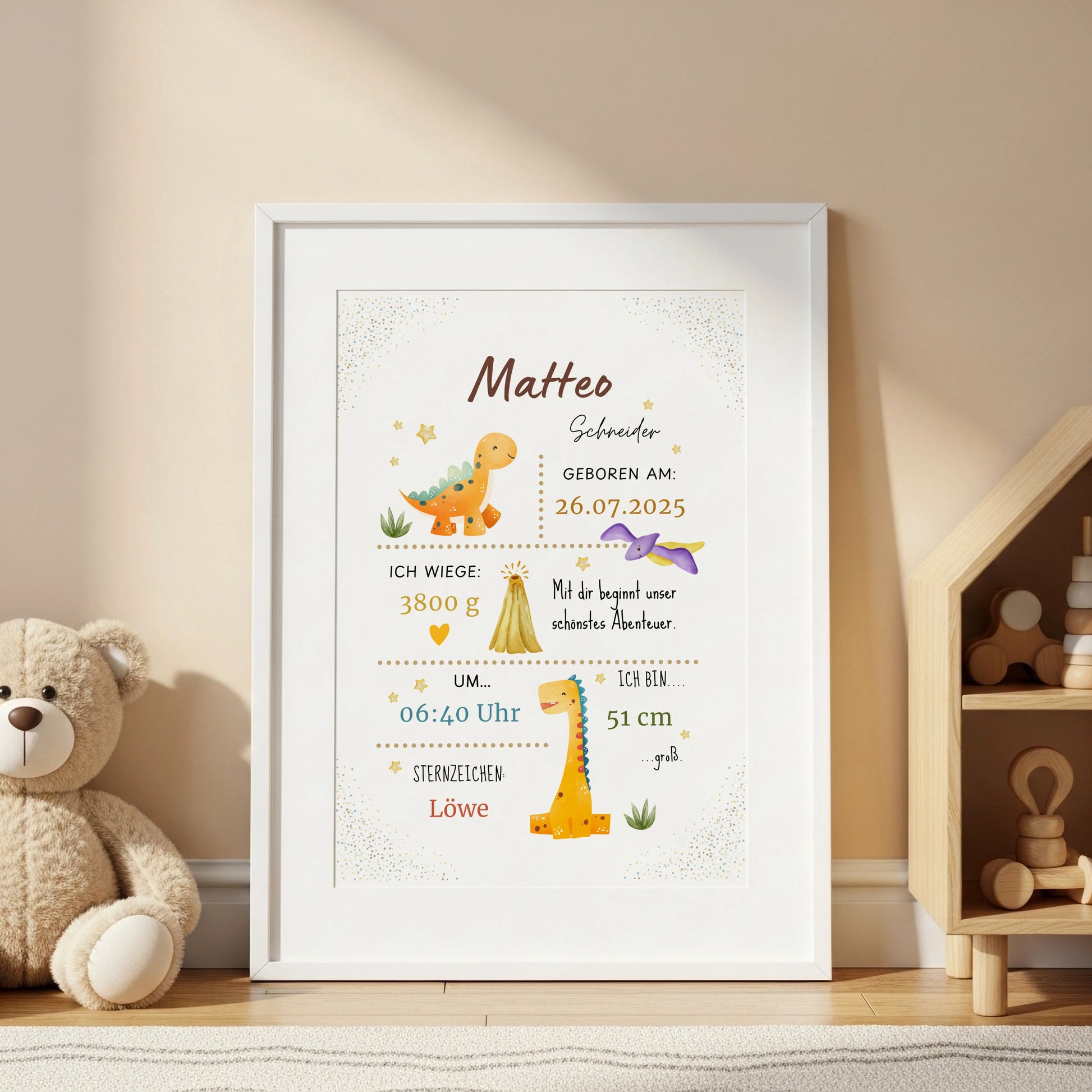 Personalisiertes Geburtsposter Babyposter mit Dino Motiv für das Kinderzimmer