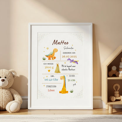 Personalisiertes Geburtsposter Babyposter mit Dino Motiv für das Kinderzimmer