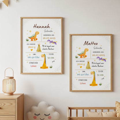 Farbenfrohes personalisiertes Geburtsposter Dinoposter für Babys mit Name und Geburtsinformationen