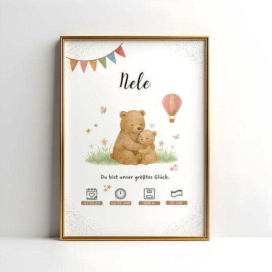 Personalisiertes Geburtsposter mit Mama Bär und Babybär von Kibimemories