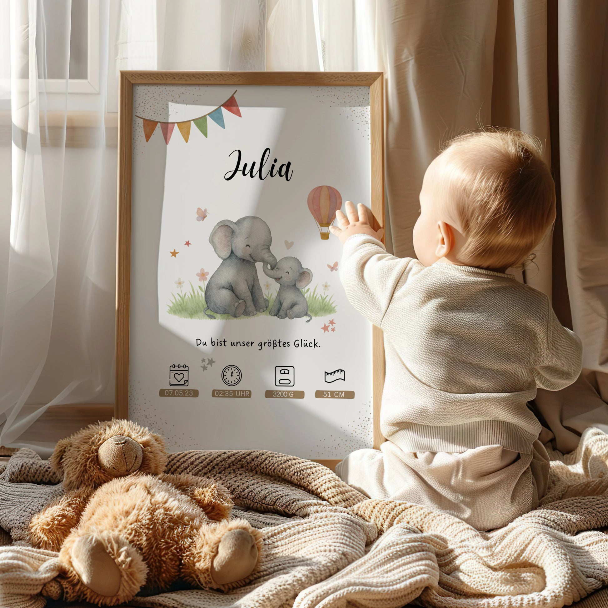 Sanftes personalisiertes Geburtsposter  Babyposter mit Mama und Elefant für Neugeborene von Kibimemories
