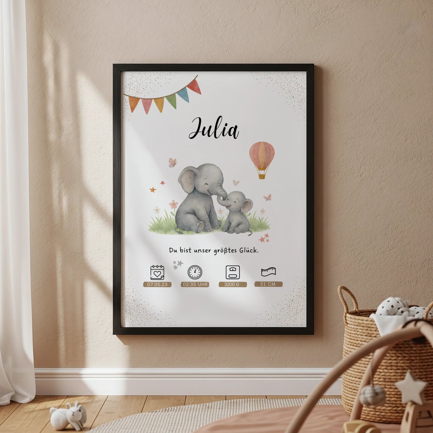 Personalisiertes Geburtsposter zur Geburt mit Mama Elefant Motiv für das Babyzimmer von Kibimemories