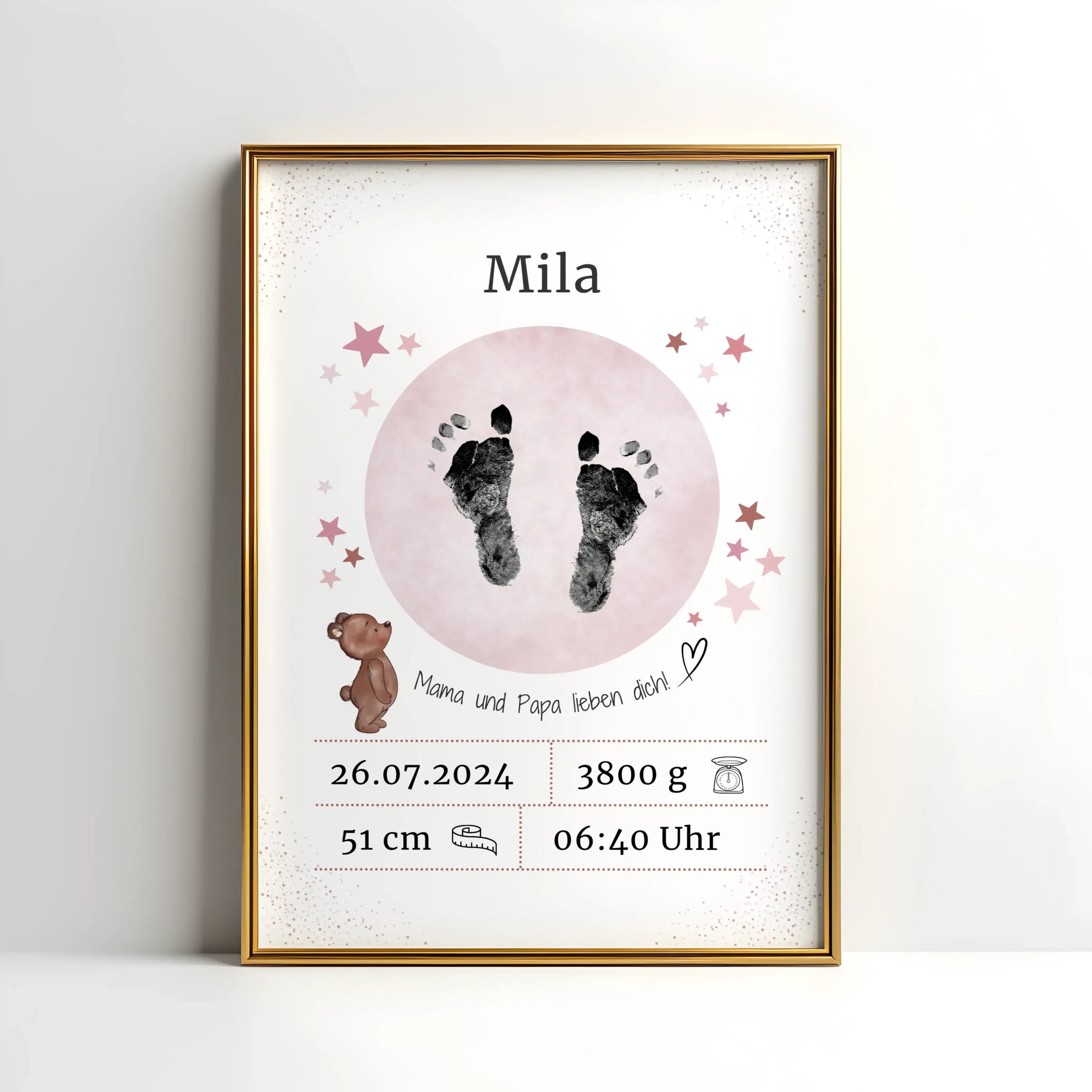 Personalisiertes Geburtsposter mit Hand- oder Fußabdrücken und Name und Geburtsdaten – liebevoll gestaltet in Pastellfarben, als Deko fürs Babyzimmer oder Geschenk zur Geburt