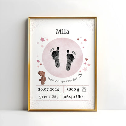 Personalisiertes Geburtsposter mit Hand- oder Fußabdrücken und Name und Geburtsdaten – liebevoll gestaltet in Pastellfarben, als Deko fürs Babyzimmer oder Geschenk zur Geburt