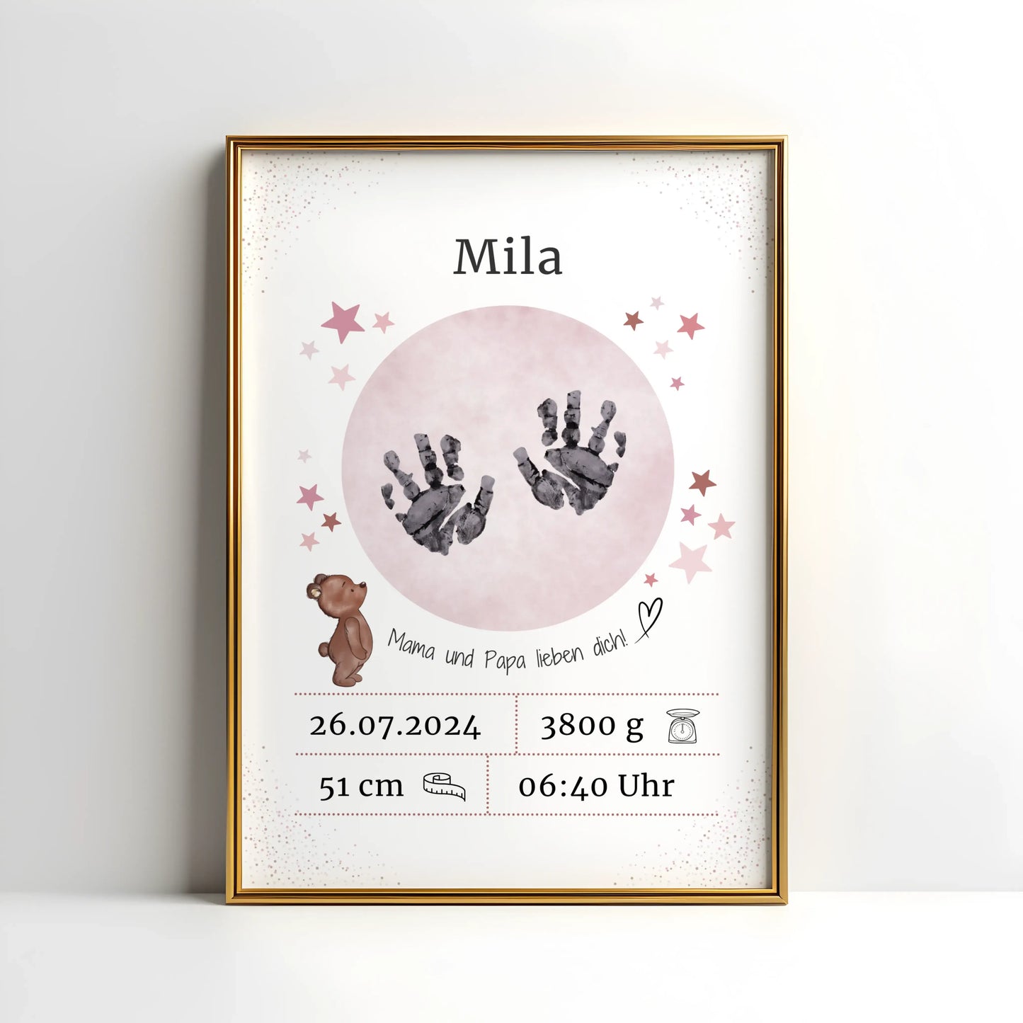 Personalisiertes Geburtsposter mit Hand- oder Fußabdrücken und Name und Geburtsdaten – liebevoll gestaltet in Pastellfarben, als Deko fürs Babyzimmer oder Geschenk zur Geburt