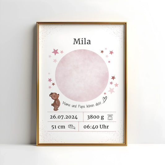 Personalisiertes Geburtsposter mit Hand- oder Fußabdrücken und Name und Geburtsdaten – liebevoll gestaltet in Pastellfarben, als Deko fürs Babyzimmer oder Geschenk zur Geburt