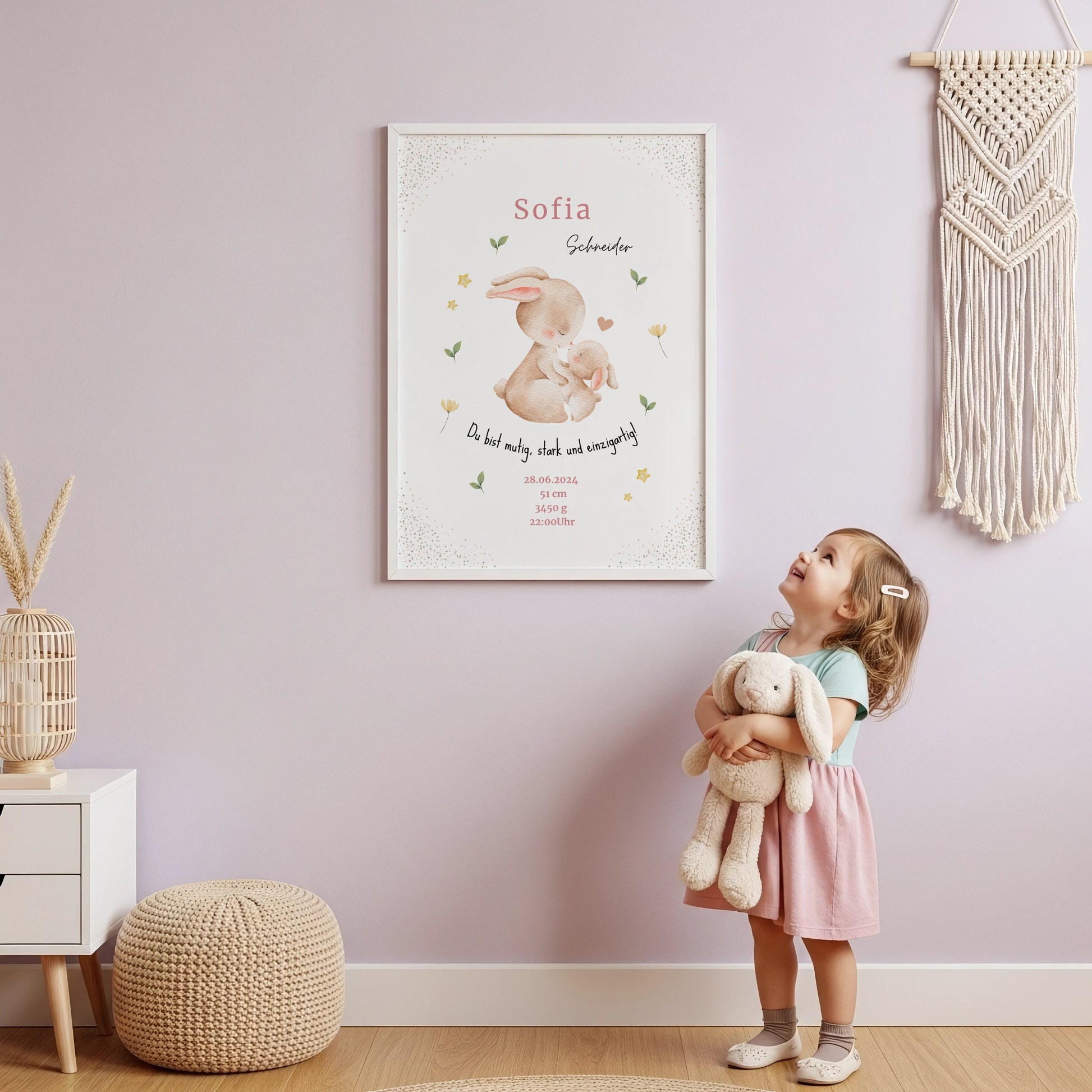 Liebevolles personalisiertes Geburtsposter mit Hase für das Babyzimmer
