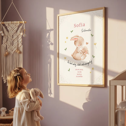 Personalisiertes Geburtsposter Babyposter mit Hasen Motiv und individuellen Geburtsdaten