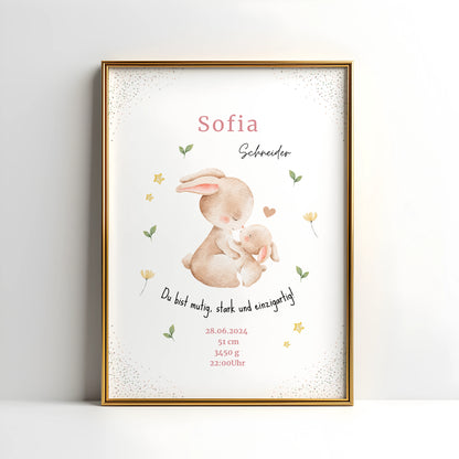 Personalisiertes Geburtsposter Hasenposter von Kibimemories mit Name und Geburtsdaten