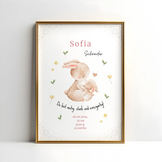 Personalisiertes Geburtsposter Hasenposter von Kibimemories mit Name und Geburtsdaten