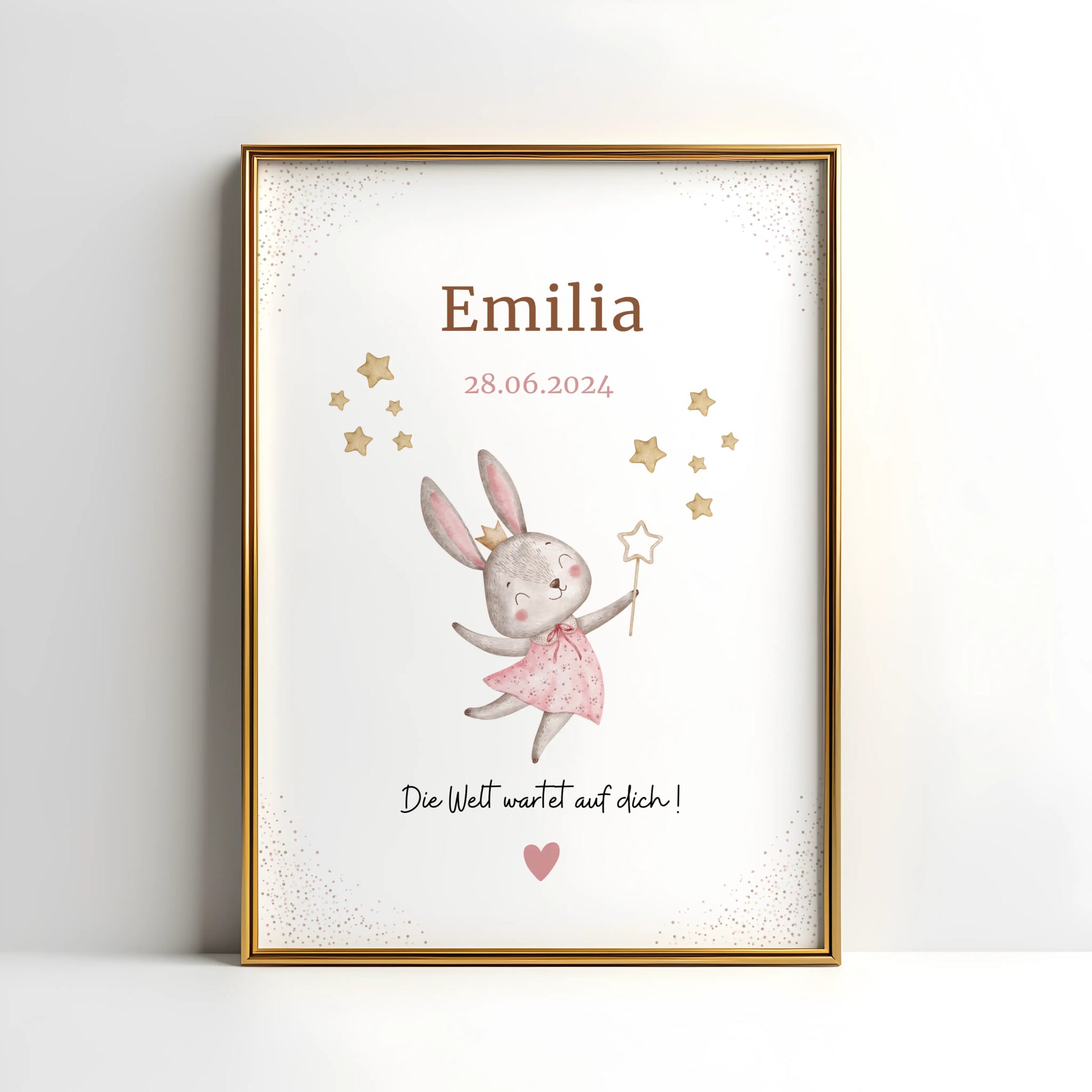 Personalisiertes Geburtsposter mit Hase, Name und Geburtsdatum für Baby, zartes Design, Freude und Geborgenheit.