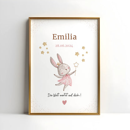 Personalisiertes Geburtsposter mit Hase, Name und Geburtsdatum für Baby, zartes Design, Freude und Geborgenheit.