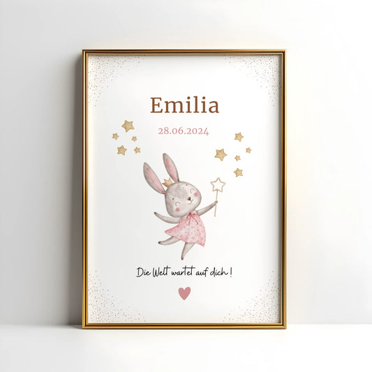 Personalisiertes Geburtsposter mit Hase, Name und Geburtsdatum für Baby, zartes Design, Freude und Geborgenheit.