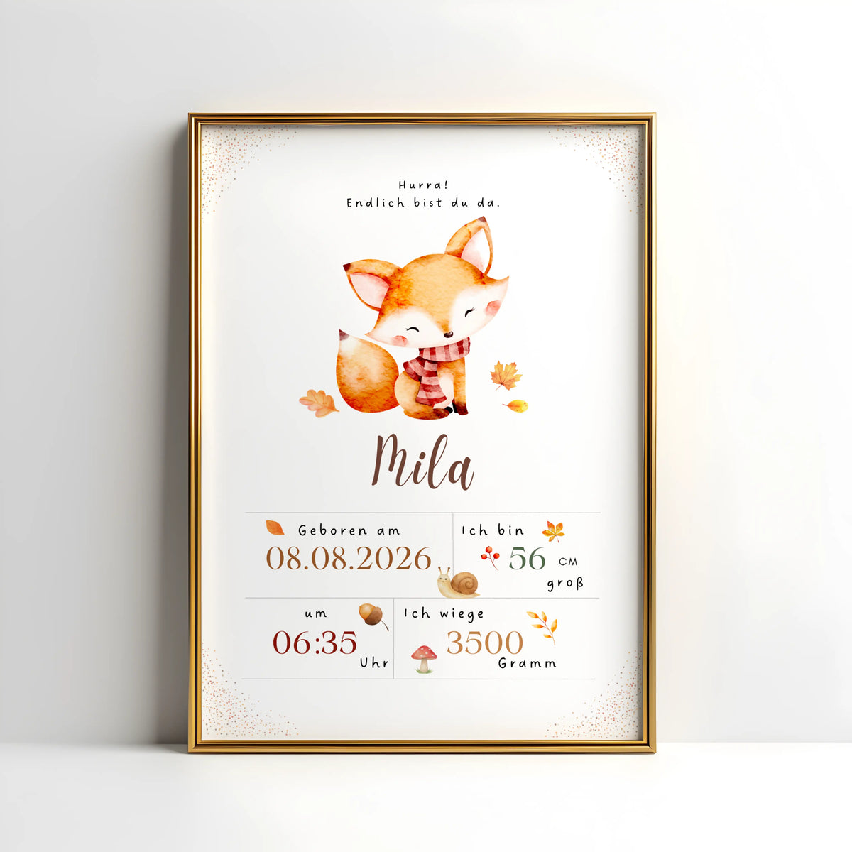 Personalisiertes Geburtsposter Fuchs mit Herbstblättern für Mila, Geburtstagsdaten und niedliches Fuchs-Motiv.