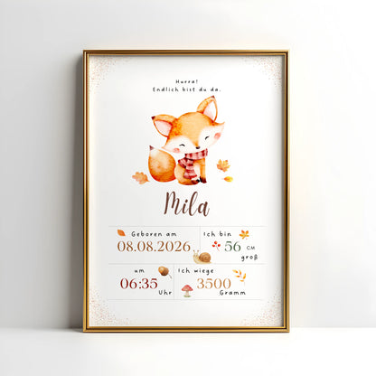 Personalisiertes Geburtsposter Fuchs mit Herbstblättern für Mila, Geburtstagsdaten und niedliches Fuchs-Motiv.