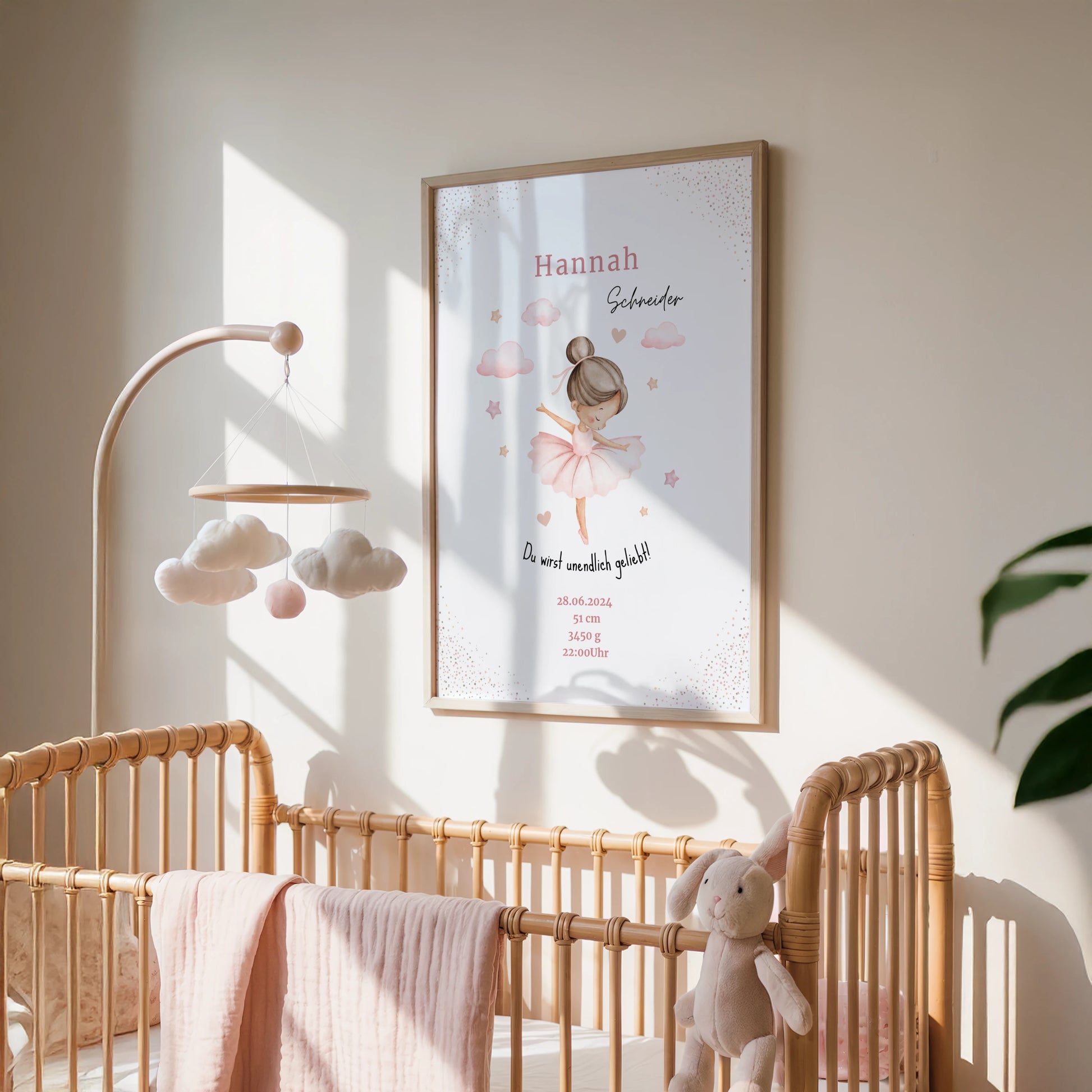 Personalisiertes Geburtsposter mit Ballerina für Mädchen mit Name und Geburtsinformationen