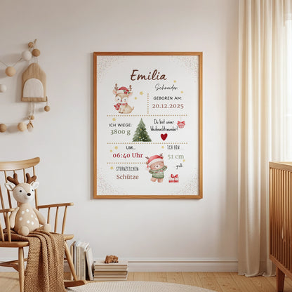 personalisiertes geburtsposter zu weihnachten von kibimemories mit name datum und uhrzeit