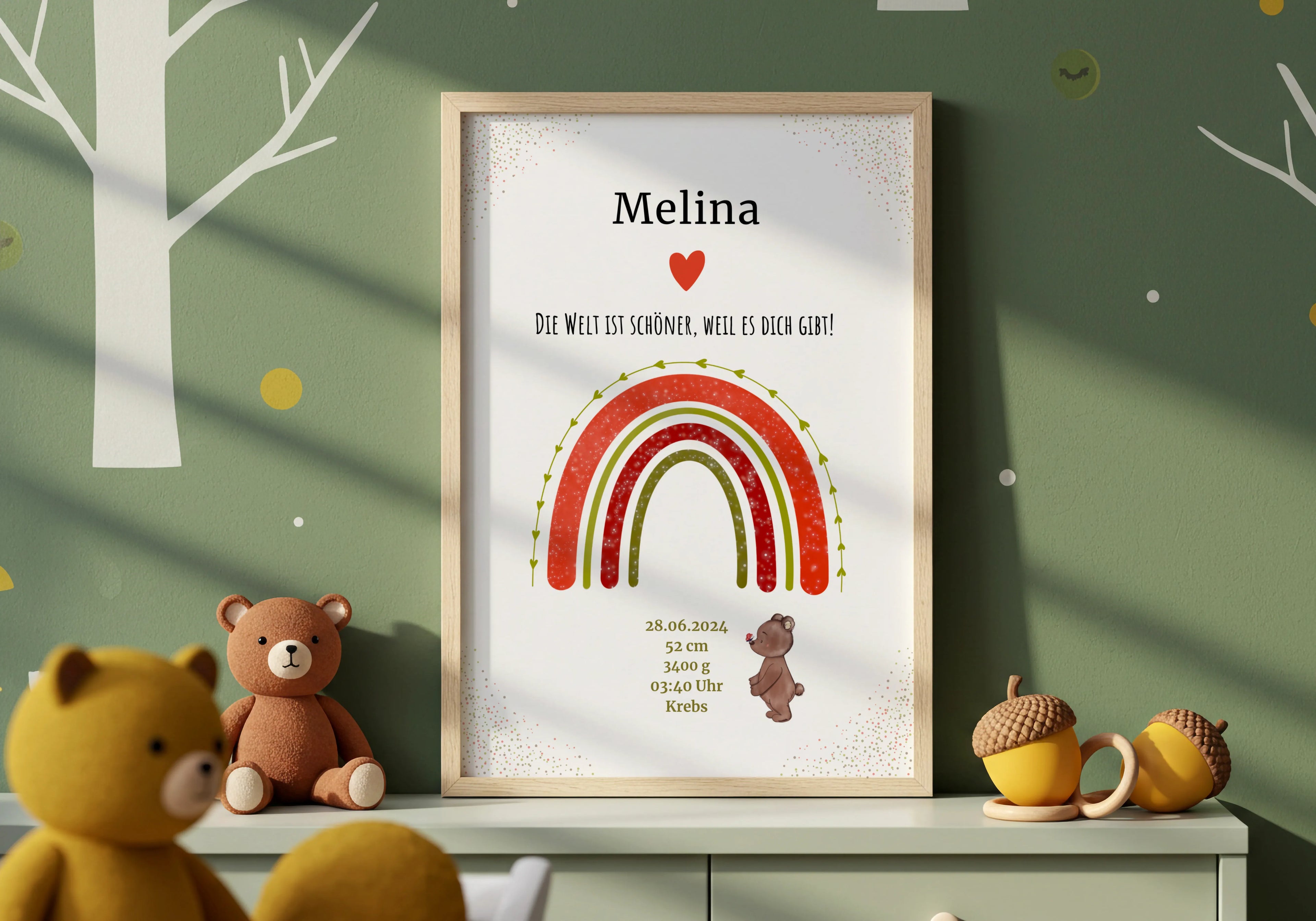 Individuelles Kinderzimmer-Poster mit Regenbogen, Name und Geburtsdatum – personalisiertes Geburtsposter mit Spruch und Bärchen
