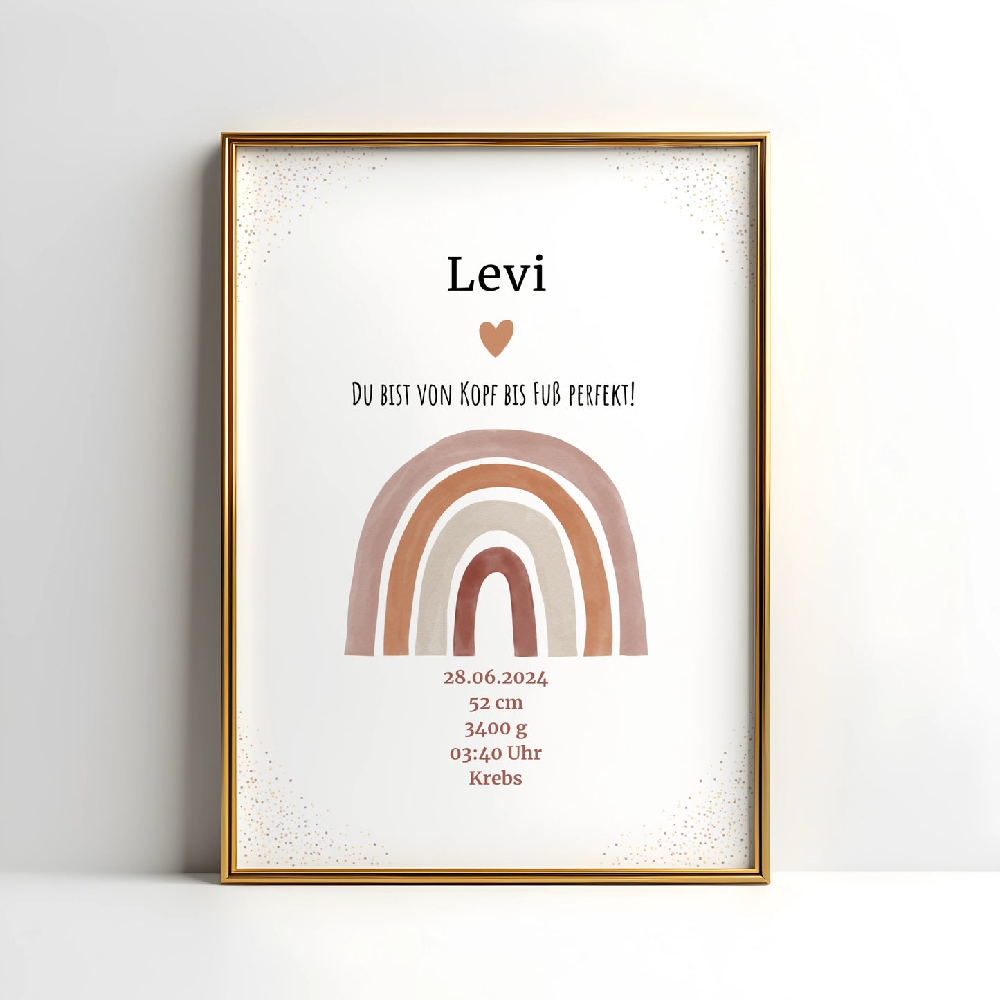 Personalisiertes Geburtsposter mit Regenbogen und Geburtsdaten für Levi.