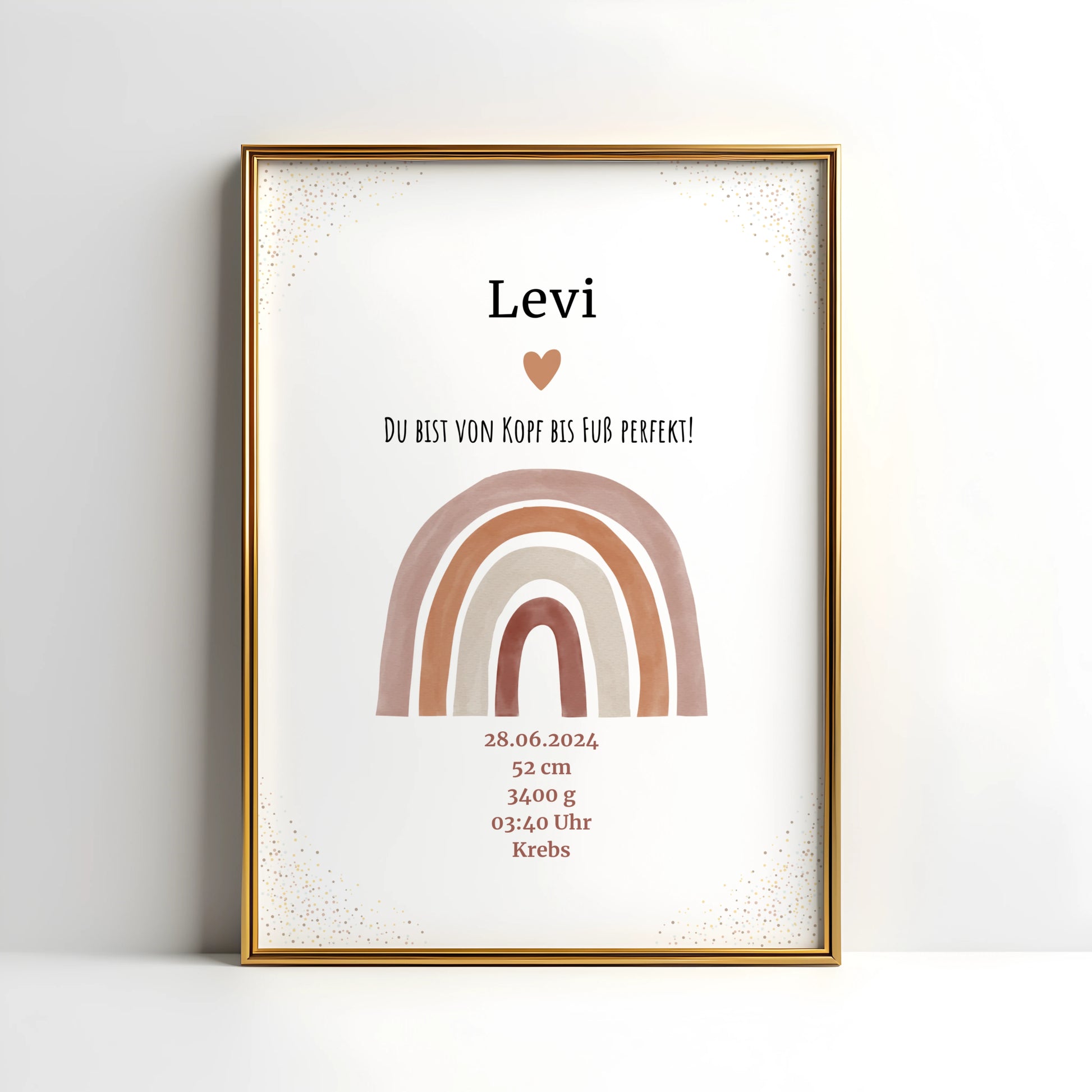 Personalisiertes Geburtsposter mit Regenbogen und Geburtsdaten für Levi.