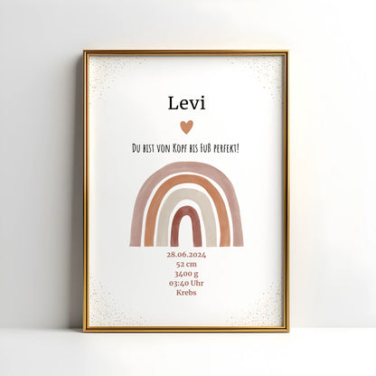 Personalisiertes Geburtsposter mit Regenbogen und Geburtsdaten für Levi.