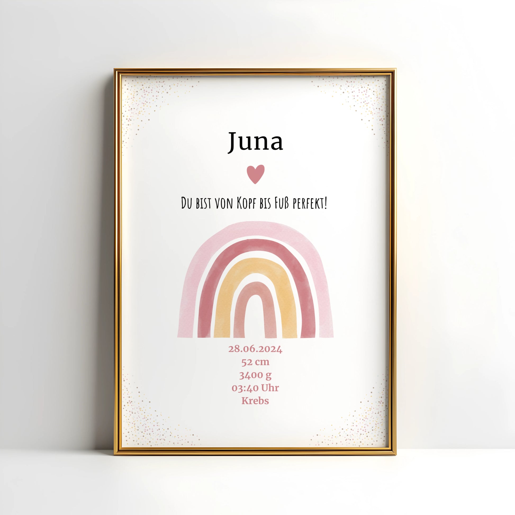 Personalisiertes Geburtsposter Regenbogen mit Geburtsdaten für Juni 2024, liebevolle Erinnerung an den besonderen Tag.