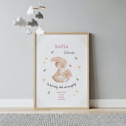 Personalisiertes Geburtsposter mit Hase und allen wichtigen Geburtsinformationen von kibimemories als geschenk zur geburt
