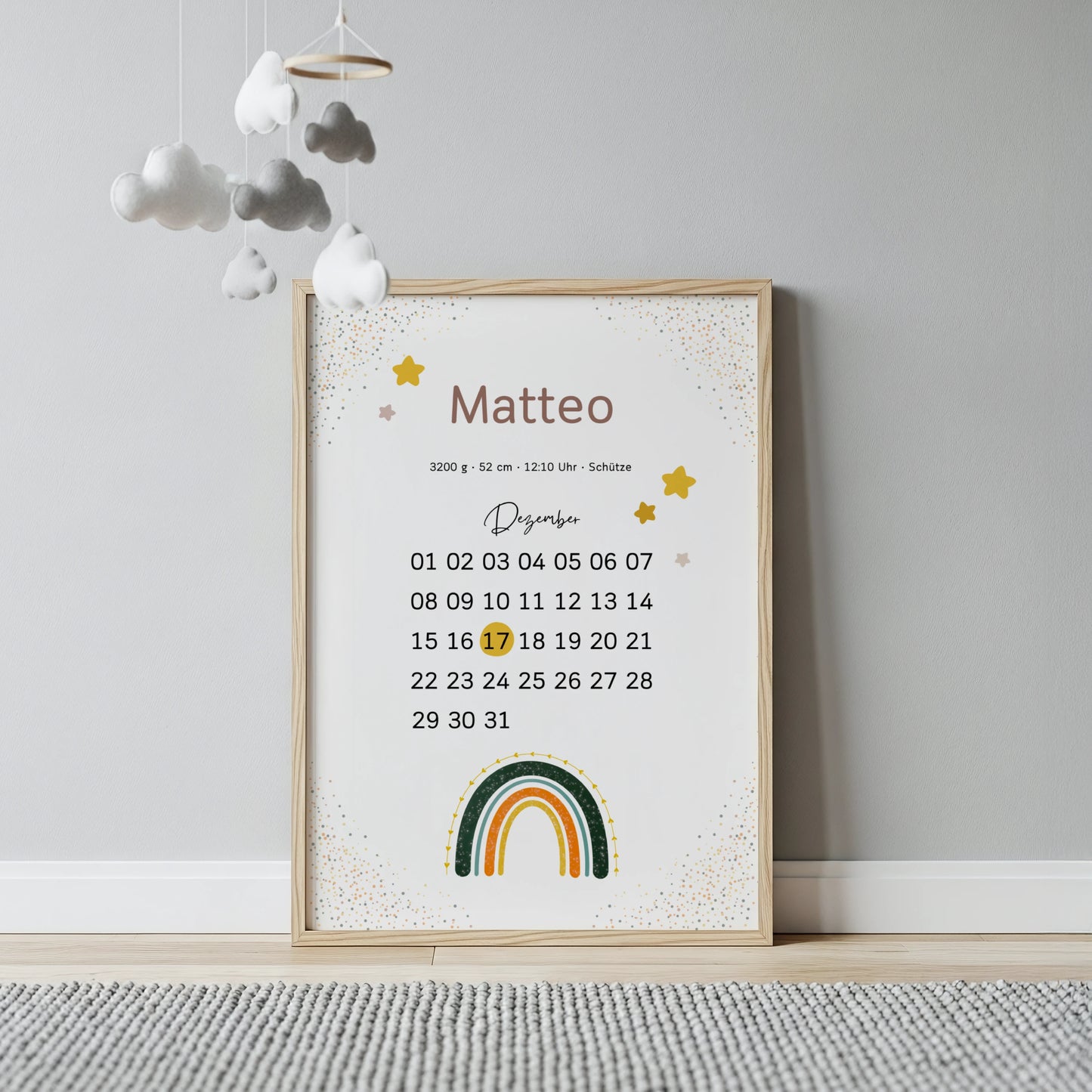 Niedliches personalisiertes Geburtsposter mit Kalender und Regenbogen von Kibimemories als Wanddekoration Kinderzimmer