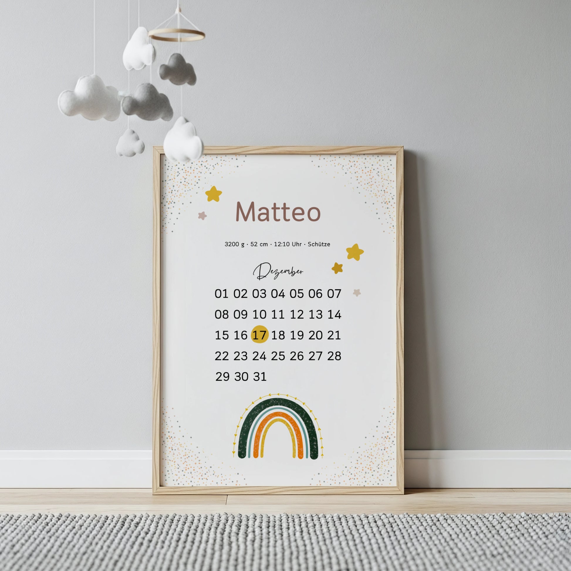 Niedliches personalisiertes Geburtsposter mit Kalender und Regenbogen von Kibimemories als Wanddekoration Kinderzimmer