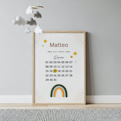 Niedliches personalisiertes Geburtsposter mit Kalender und Regenbogen von Kibimemories als Wanddekoration Kinderzimmer