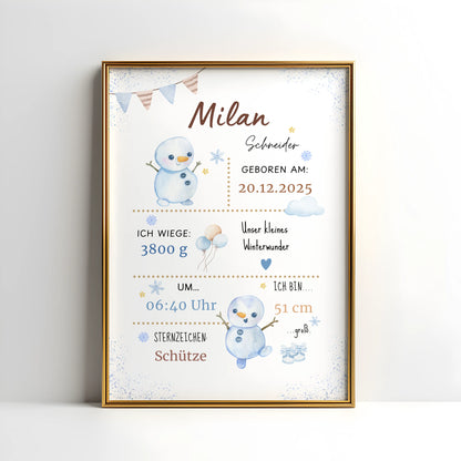 Personalisiertes Geburtsposter Winterbaby mit Schneemännern, Aquarelldesign, Geburtstagsdaten und Babyinformationen.