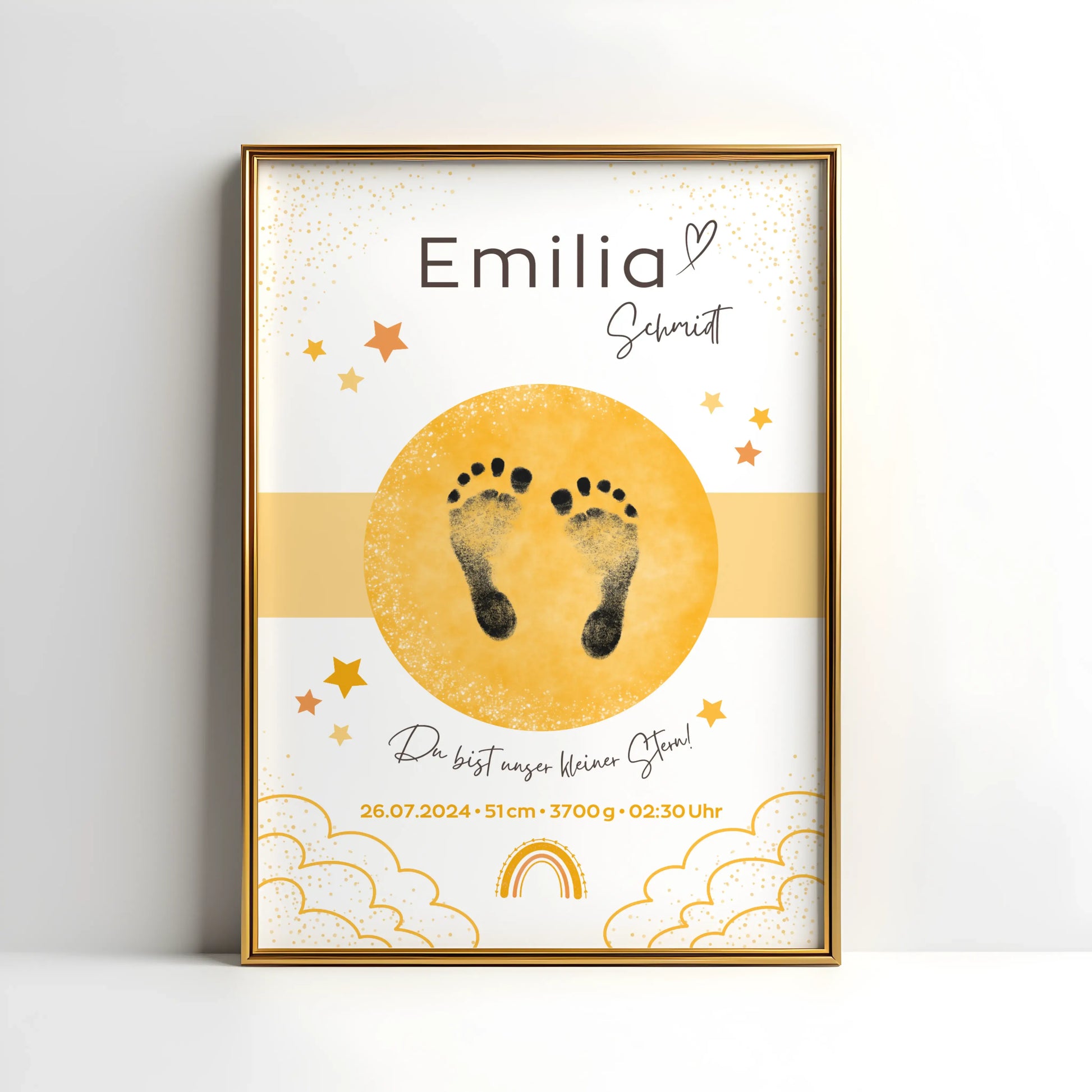 Personalisiertes Geburtsposter mit Sternenhimmel und Fußabdrücken – mit Namen, Geburtsdatum, Uhrzeit, Gewicht und Größe – ideales Geschenk zur Geburt und stilvolle Kinderzimmer-Deko