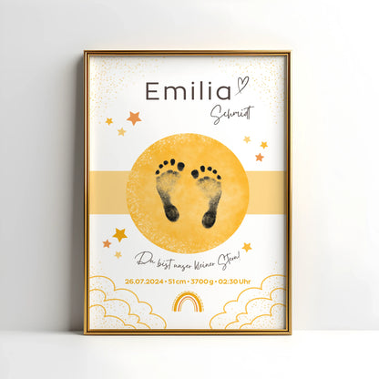 Personalisiertes Geburtsposter mit Sternenhimmel und Fußabdrücken – mit Namen, Geburtsdatum, Uhrzeit, Gewicht und Größe – ideales Geschenk zur Geburt und stilvolle Kinderzimmer-Deko