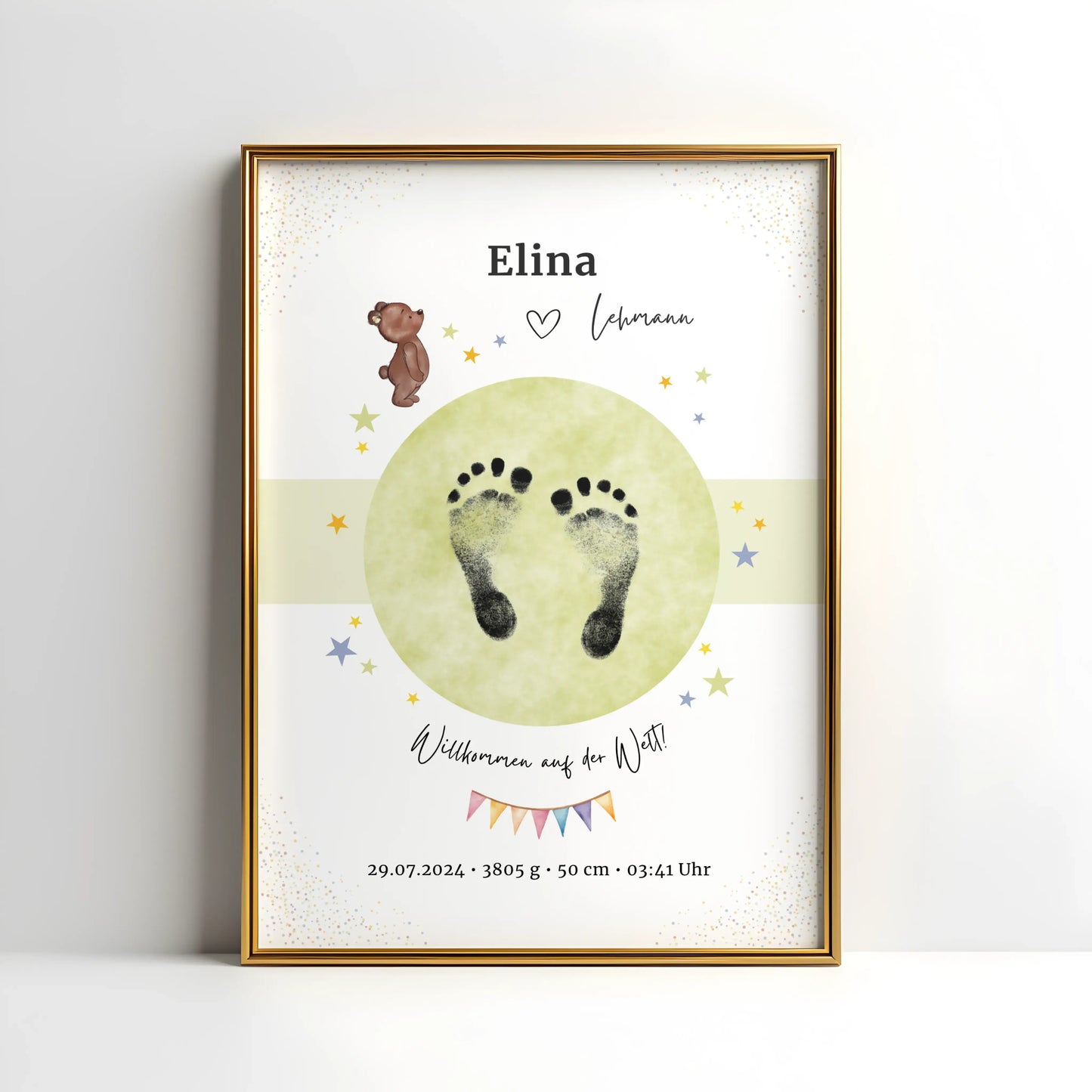 Geburtsposter mit Bärchen-Motiv und persönlichen Daten – ideal fürs Kinderzimmer