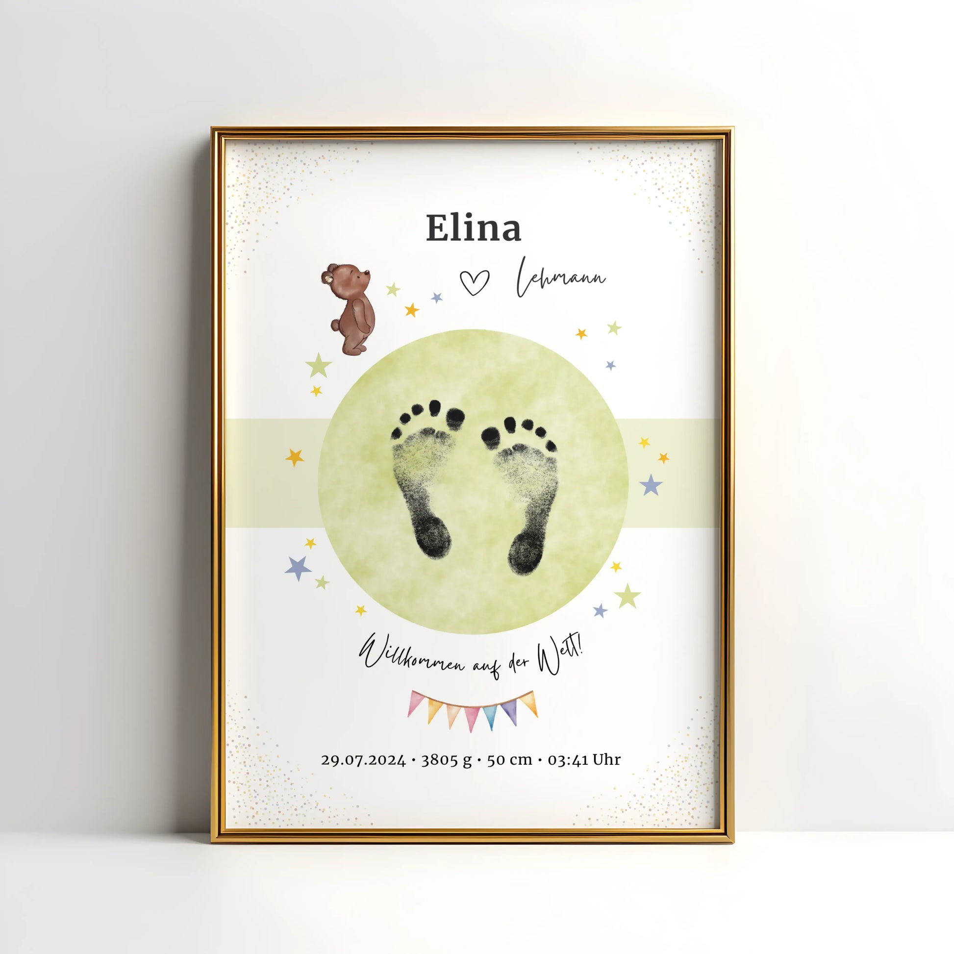 Geburtsposter mit Bärchen-Motiv und persönlichen Daten – ideal fürs Kinderzimmer