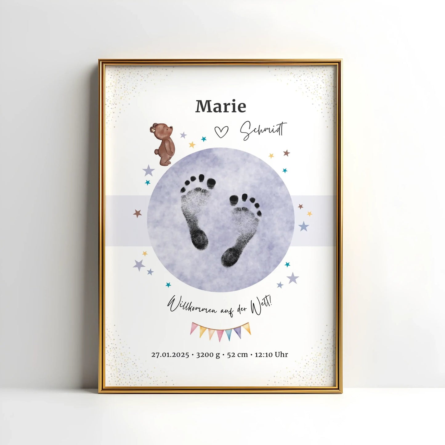 Geburtsposter mit Bärchen-Motiv und persönlichen Daten – ideal fürs Kinderzimmer