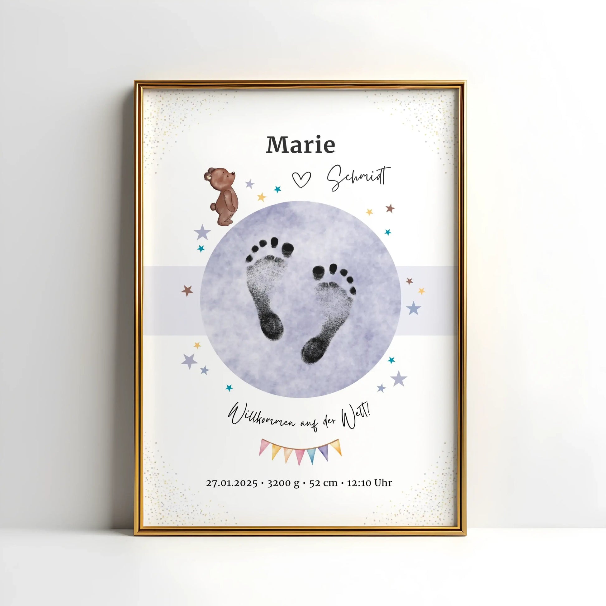 Geburtsposter mit Bärchen-Motiv und persönlichen Daten – ideal fürs Kinderzimmer