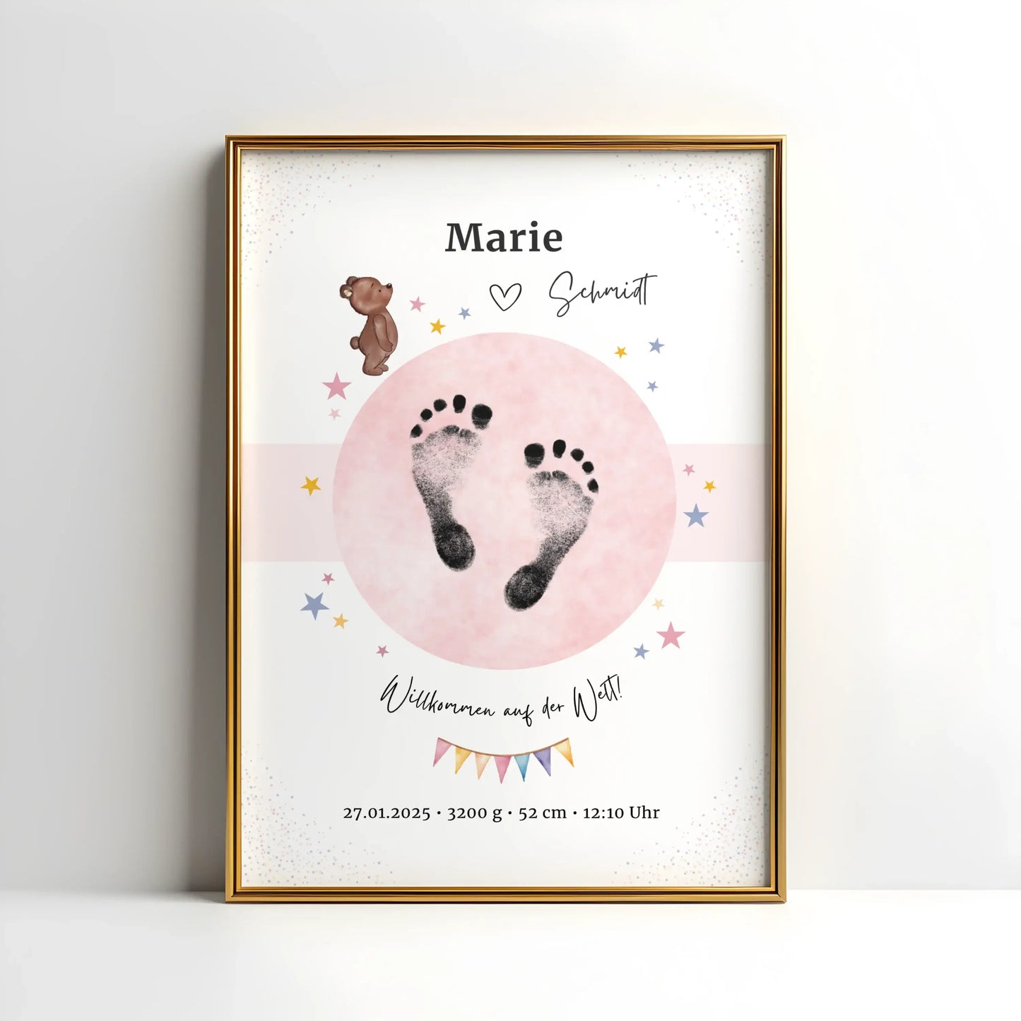 Geburtsposter mit Bärchen-Motiv und persönlichen Daten – ideal fürs Kinderzimmer