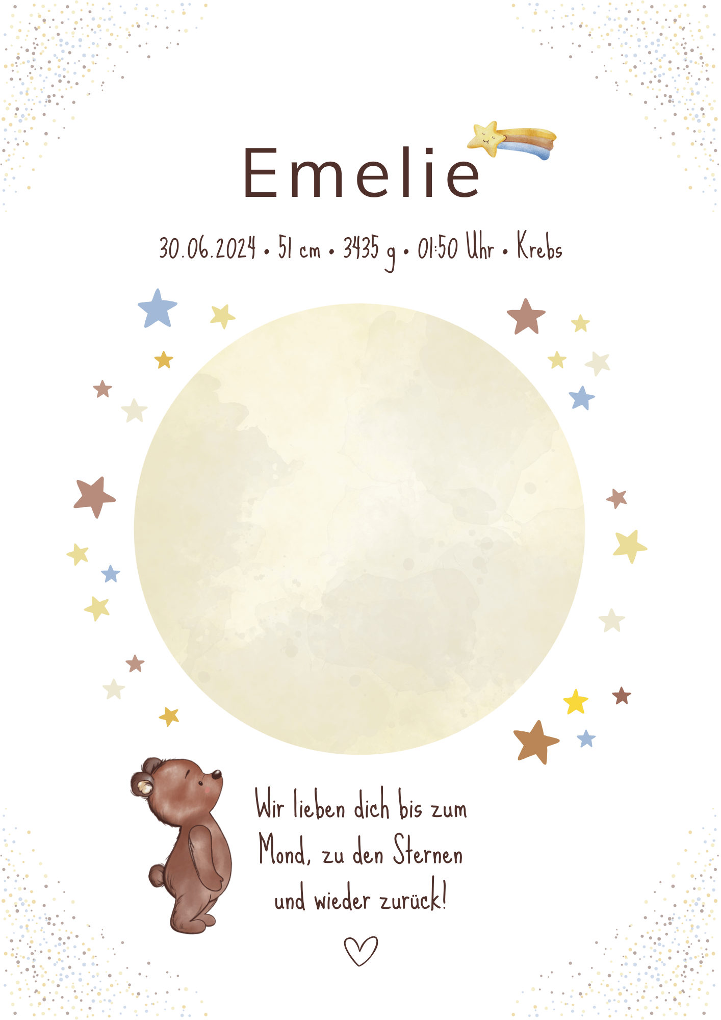 Geburtsposter mit Bärchen-Motiv, Mond und Sternen und persönlichen Daten – ideal fürs Kinderzimmer